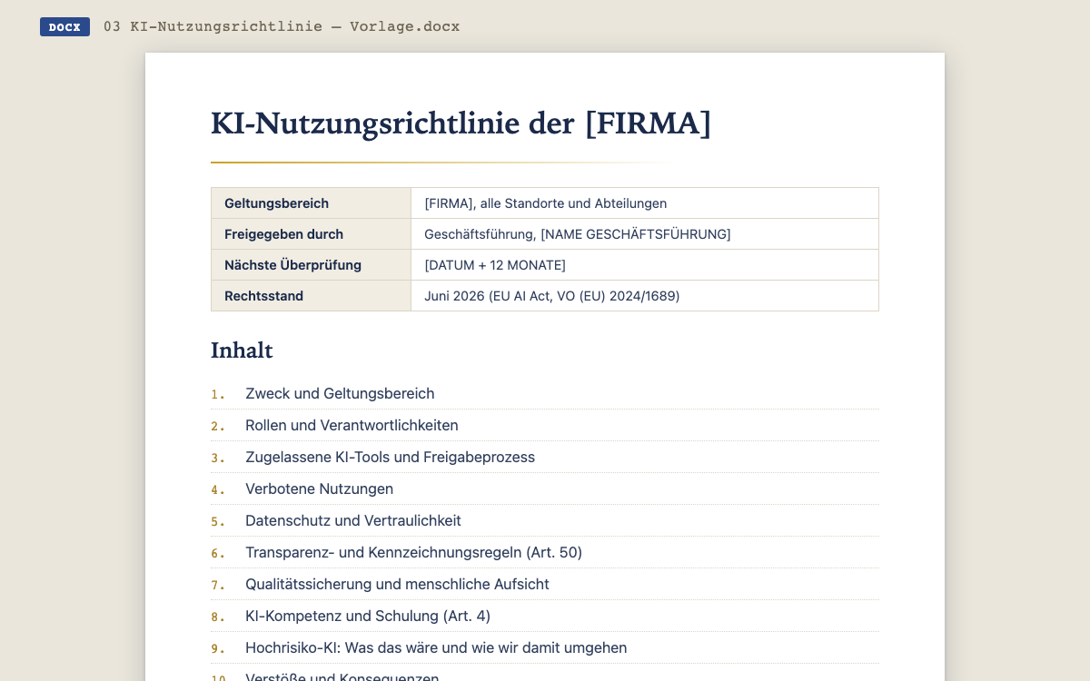 Auszug aus der KI-Nutzungsrichtlinien-Vorlage: Dokumenteninformation und Inhaltsverzeichnis mit elf Kapiteln, von Zweck und Geltungsbereich bis Inkrafttreten