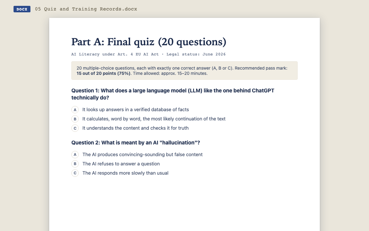 Excerpt from the final quiz: the first two of 20 multiple-choice questions on how LLMs work and AI hallucinations, with the 75% pass mark